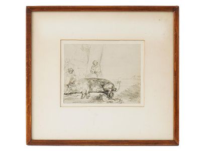 EUROPEAN GENRE SCENE ENGRAVING AFTER REMBRANDT. An engraving on paper, The Hog, after the 