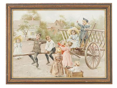 ANTIQUE LATE 19TH C CHROMOLITHOGRAPH PRINT. A large Victorian era chromolithograph print, A Day