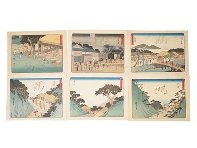 UTAGAWA HIROSHIGE JAPANESE LANDSCAPE WOODBLOCKS. A lot of 6 Utagawa Hiroshige color woodblock