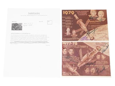 1970S SOVIET COSMONAUTS AUTOGRAPHED PHOTOS. A pair of Russian Soviet era photo collages