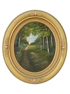 ANTIQUE LATE 19 C FOREST LANDSCAPE OIL PAINTING. Oil on canvas painting, a landscape view of a