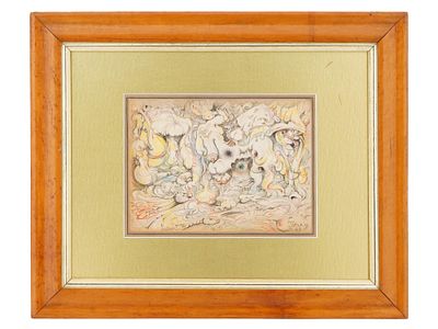 MODERNIST AMERICAN MIXED MEDIA PAINTING SIGNED GORKY. A mixed media painting on paper depicting