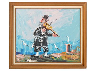 MORRIS KATZ JUDAICA OIL ON BOARD PAINTING. Morris Katz, Polish-American, 1932 to 2010, oil on