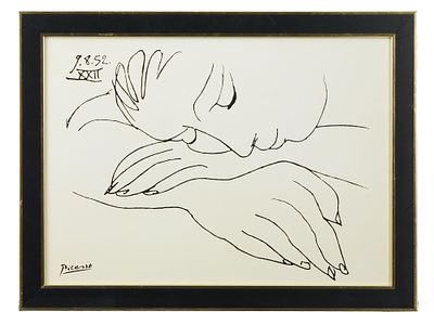 FEMALE PORTRAIT PRINT AFTER PABLO PICASSO FRAMED. A monochrome lithograph on paper, depicting a