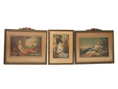 ANTIQUE FRENCH LITHOGRAPHS WITH LADY PORTRAITS. A lot of three antique French lithographs with