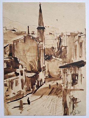 VILLAGE VUE - ATT. TO ALBERTO GIACOMETTI - INK ON PAPER. Vue of a swiss village - Attributed to