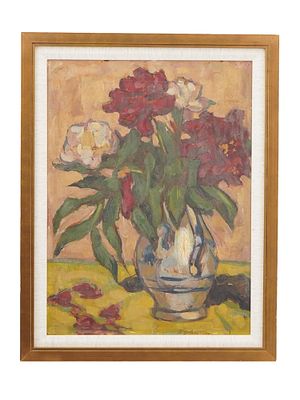 RUSSIAN OIL PAINTING SIGNED NATALIA GONCHAROVA. An oil painting on board depicting a still life
