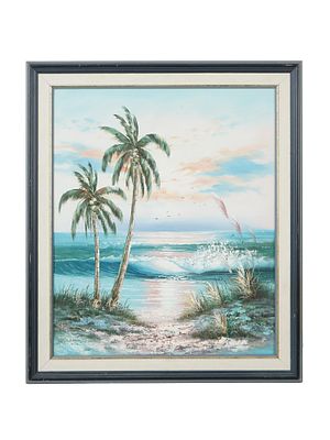 VINTAGE BEACH LANDSCAPE OIL PAINTING SIGNED NEWTON. Oil on canvas painting. American, late 20th