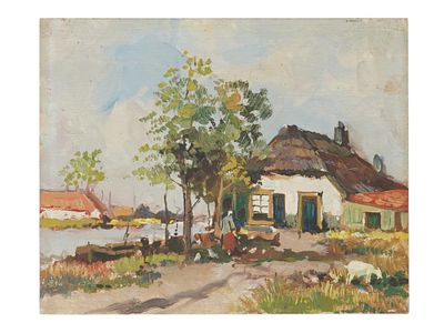 IMPRESSIONIST RURAL LANDSCAPE OIL PAINTING. An oil on board painting depicting a village
