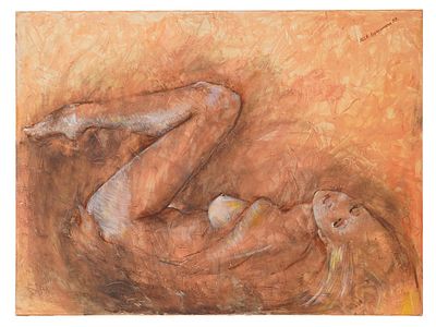 OIL PAINTING NUDE WOMAN SIGNED ALLA SAPOJNIKOVA. An oil on canvas painting signed Alla