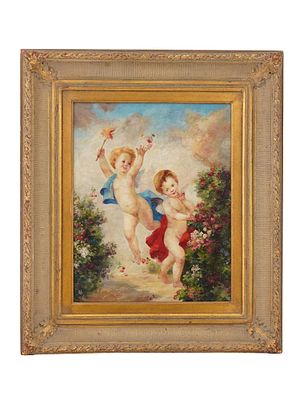 CHERUBS SCENE OIL PAINTING SIGNED BY THE ARTIST. An oil painting on canvas depicting a scene