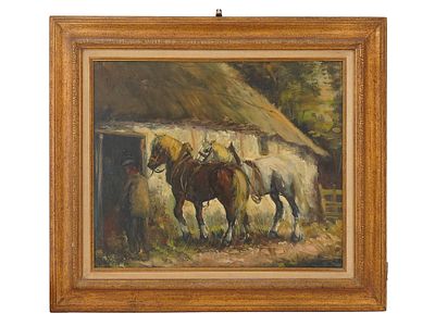 HORSES GENRE SCENE OIL PAINTING SIGNED BY ARTIST. A 20th century oil painting on canvas