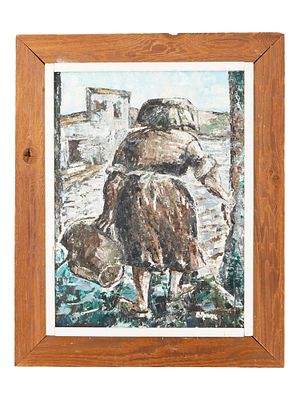 MID CENTURY MODERNIST OIL PAINTING FEMALE FIGURE. A mid-century oil painting on canvas laid on