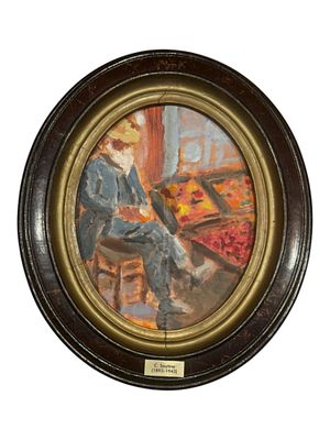 SIGNED CHAIM SOUTINE OIL ON CARDBOARD PAINTING. An oil on cardboard painting, An old man selling