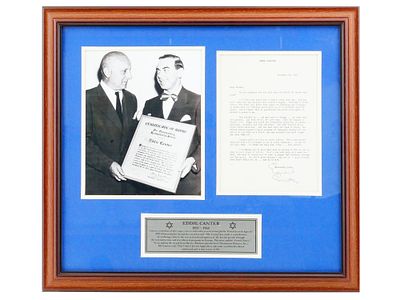 EDDIE CANTOR PHOTO AND TYPED LETTER FROM CANTOR 1953. A vintage framed display featuring a