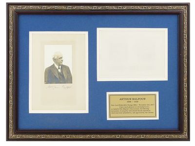 ARTHUR BALFOUR PHOTO AND BALFOUR DECLARATION ARTWORK. A vintage framed display featuring a