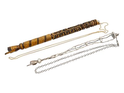 TWO VINTAGE JUDAICA SILVER AND WOODEN TORAH POINTERS. Two vintage Judaica Torah pointers, one