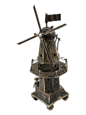 ANTIQUE DUTCH SILVER WIND MILL SPICE BOX. An antique Dutch silver spice box in the form of a