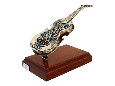 DABBAH JUDAICA SILVER AND TURQUOISE MANDOLIN SPICE BOX. An early to mid 20th century Judaica