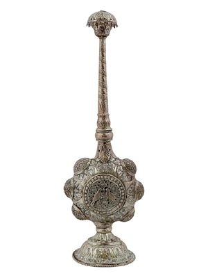 ANTIQUE INDIAN SILVER ROSE WATER SPRINKLER BOTTLE. An antique Indian silver rose water sprinkler
