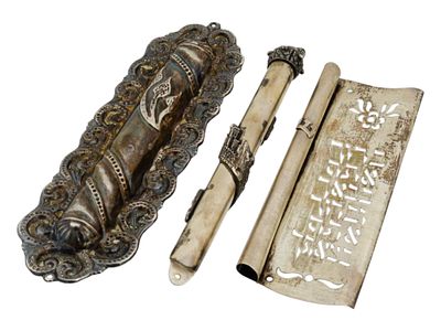 THREE VINTAGE JUDAICA SILVER MEZUZAHS DABBAH JERUSALEM. A group of three vintage Judaica silver