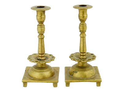 PAIR OF ANTIQUE 18TH C POLISH SHABBAT CANDLESTICKS. A pair of antique 18th-century Polish