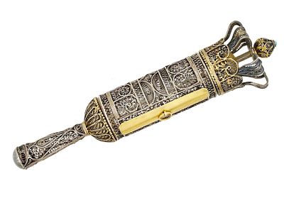 JUDAICA SILVER FILIGREE TORAH CASE WITH CROWN AND STONE. A Judaica silver Torah case. The case