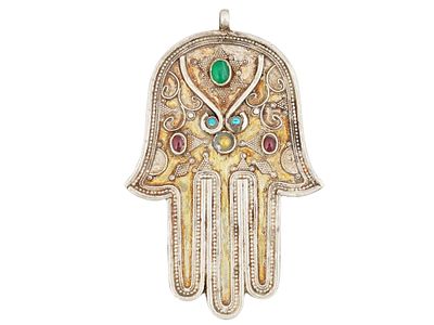 JUDAICA SILVER W GEMSTONES HAMSA AMULET PENDANT. A Judaica silver amulet pendant in the shape of
