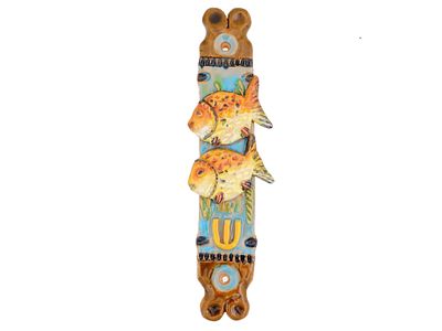 JUDAICA HAND CRAFTED GLAZED CERAMIC MEZUZAH W FISH. A vintage Judaica, hand crafted by Israeli