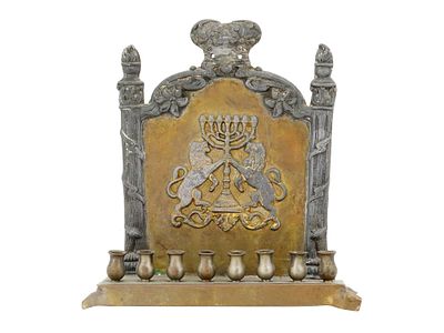 ANTIQUE AMERICAN JUDAICA BRONZE HANUKKAH LAMP. An antique American Judaica bronze Hanukkah lamp.
