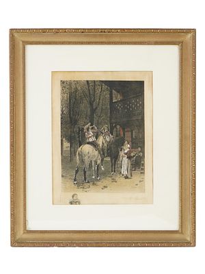 FRENCH PIECE ON SILK AFTER JEAN LOUIS MEISSONIER. A vintage piece on silk depicting a genre 