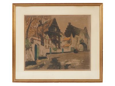 BELGIAN CITYSCAPE ETCHING BY JULIEN CELOS SIGNED. Julien Celos, Belgian, 1884 to 1953, color 