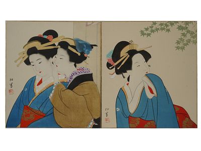 JAPANESE MEIJI WOOD BLOCK PRINTS BY UEMURA SHOEN. Uemura Shoen, Japanese, 1875 to 1949, A pair 