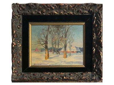 RUSSIAN WINTER LANDSCAPE OIL PAINTING SIGNED SURIKOV. An oil painting on masonite board, Russian 