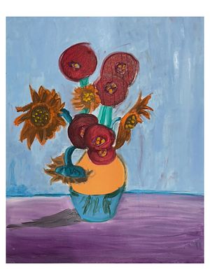 BRITISH PAINTING SUNFLOWERS SIGNED DAVID HOCKNEY. An acrylic painting on canvas depicting a 