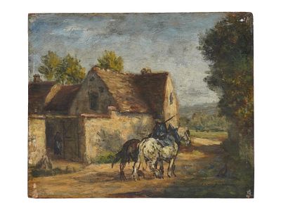 ATTR TO FRANCOIS JAQUES ANTIQUE RURAL OIL PAINTING. Attributed to Francois Louis Jaques, Swiss 