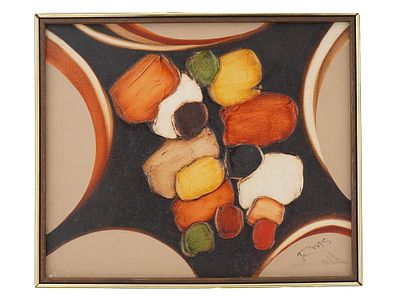 MID CENTURY MODERN ABSTRACT OIL PAINTING BY RIGGS. An oil painting depicting an abstract 