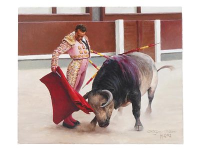 MANEL ORTEGA AVILA SPANISH CORRIDA OIL PAINTING. A modern Spanish oil on canvas Corrida 