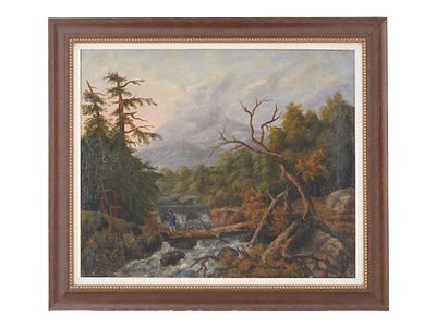 SIGNED SAVAGE ANTIQUE AMERICAN OIL LANDSCAPE PAINTING. An antique American oil on canvas 