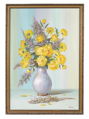 VINTAGE OIL ON CANVAS STILL LIFE PAINTING BY AILEC. A vintage oil on canvas still life painting 