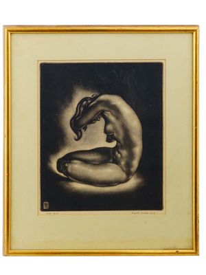AMERICAN NUDE ETCHING REVERIE BY REYNOLD WEIDENAAR. An American etching titled Nude Reverie by 