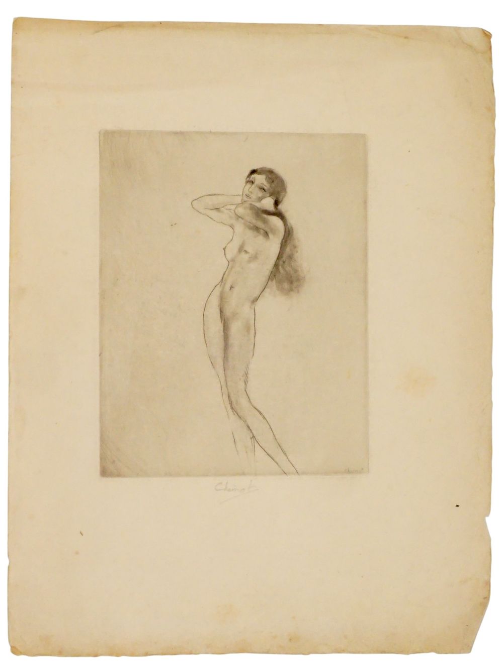 EDOUARD CHIMOT FRENCH FEMALE NUDE ETCHING SIGNED. Edouard Chimot, French, 1880 to 1959, etching 