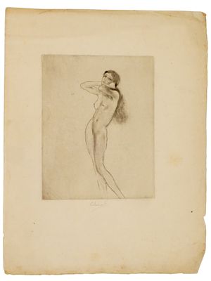 EDOUARD CHIMOT FRENCH FEMALE NUDE ETCHING SIGNED. Edouard Chimot, French, 1880 to 1959, etching 