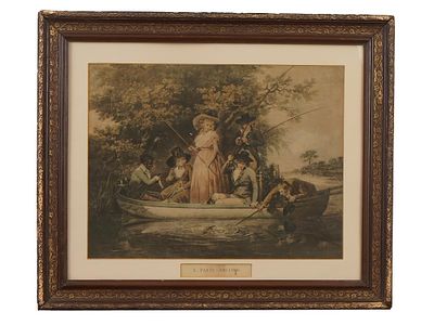 BRITISH SCENE COLOR PRINT AFTER GEORGE KEATING. A color offset print on paper, A Party Angling 