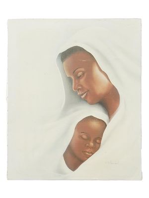 MODERN PRINT ON CANVAS SIGNED R. WOODRUM AFRICAN WOMAN. A modern print on canvas depicting a 