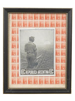 1930S ARGENTINE 5 CENTAVOS STAMP SHEET FRAMED. An Argentine stamp sheet, 5 Centavos, ca. 1930s. 
