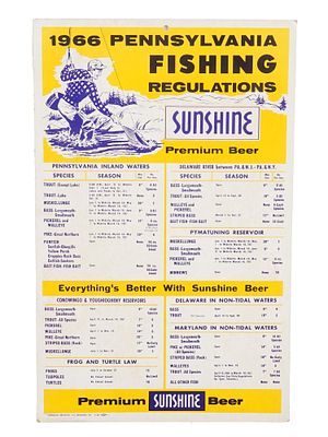 1966 SUNSHINE PREMIUM BEER ADVERTISING CARDBOARD. A vintage 1966 Pennsylvania Fishing 