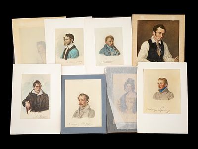 PRINTS AFTER WATERCOLORS BY NIKOLAY BESTUZHEV PORTRAITS. A collection of nine vintage prints 