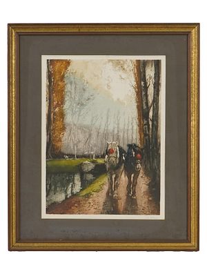 FRENCH ETCHING SIGNED BY JEAN LUIGINI CHEVAL SUR CANAL. Ferdinand-Jean Luigini, French, 1870 to 