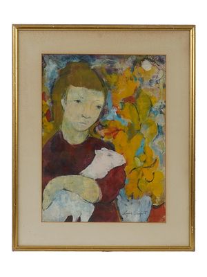 LOUISE AUGUST AMERICAN PAINTING GIRL HOLDING SHEEP. A rare gouache on paper painting by Louise 